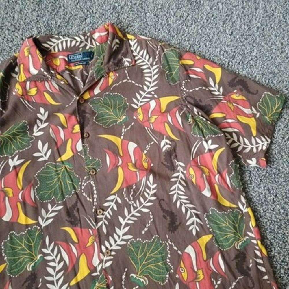 Polo Ralph Lauren Vintage Camp Loop Collar Fish Button Shirt XL Viscose Preppy